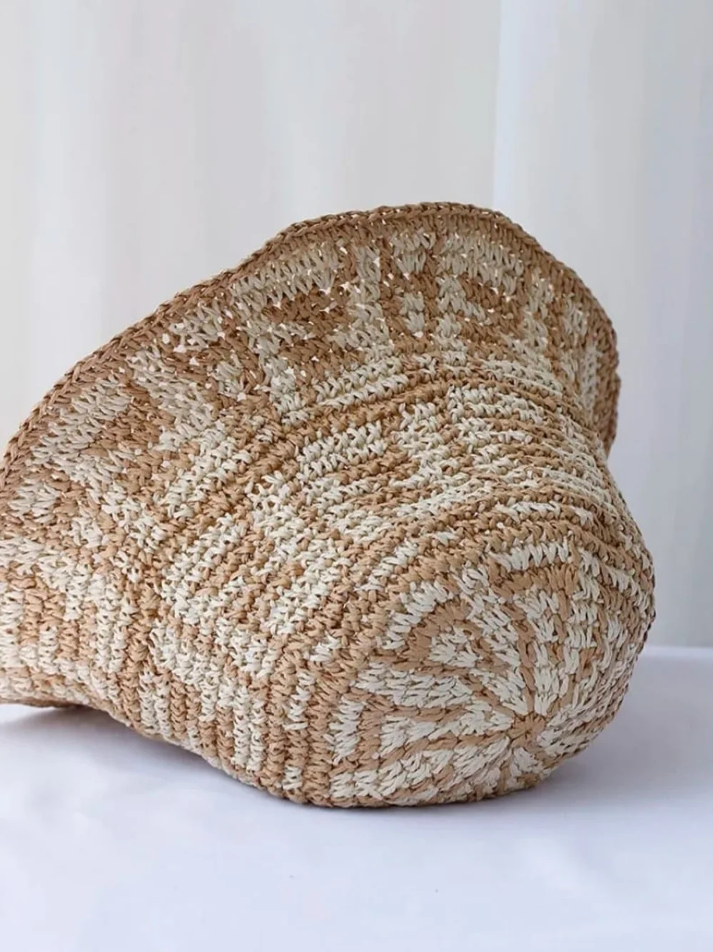 Neutral Two-Tone Crochet Bucket Hat - Straw Beige
